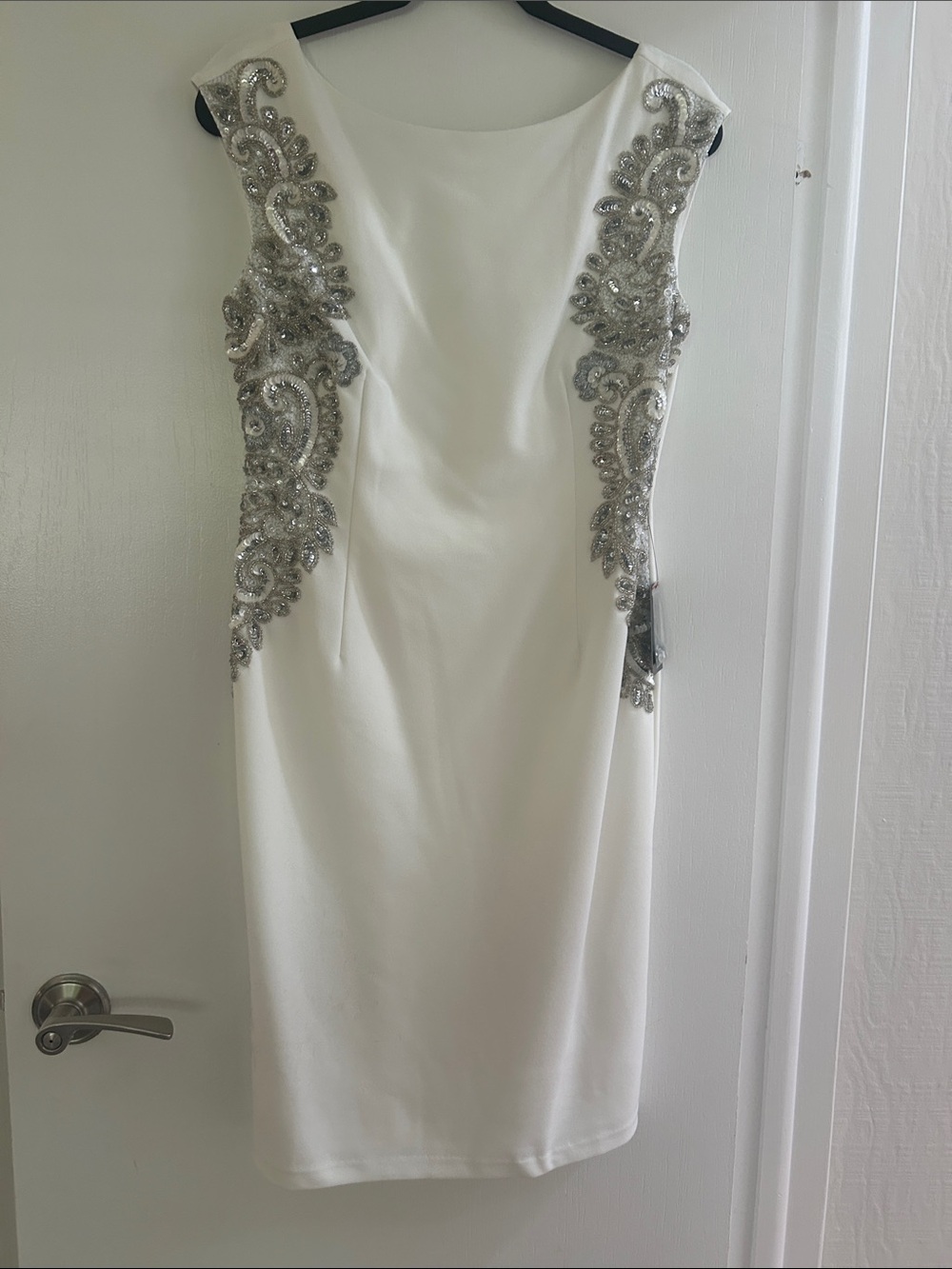 Boston Proper White Midi Dress with Silver Beaded Paisley Trim